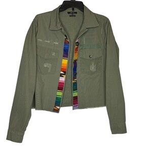 Miss Me Jacket Olive Green Utility Medium Cropped Military Boho Festival  Frayed